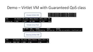 Demo – Virtlet VM with Guaranteed QoS class
Create Virtlet VM
Create Linux Pod
Destroy Virtlet VM
 
