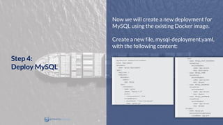 Now we will create a new deployment for
MySQL using the existing Docker image.
Create a new file, mysql-deployment.yaml,
with the following content:
Step 4:
Deploy MySQL
 