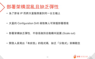 部署架構混亂且缺乏彈性
• 為了節省 IP 而將大量服務塞到同一台主機上
• 大量的 Configuration Drift 導致無人可掌握部署環境
• 部署架構缺乏彈性，不容易做到自動橫向延展 (Scale out)
• 開發人員寫出「有狀態」的程式碼，缺乏「分散式」架構觀念
11
 