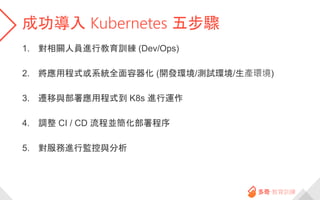 成功導入 Kubernetes 五步驟
1. 對相關人員進行教育訓練 (Dev/Ops)
2. 將應用程式或系統全面容器化 (開發環境/測試環境/生產環境)
3. 遷移與部署應用程式到 K8s 進行運作
4. 調整 CI / CD 流程並簡化部署程序
5. 對服務進行監控與分析
 
