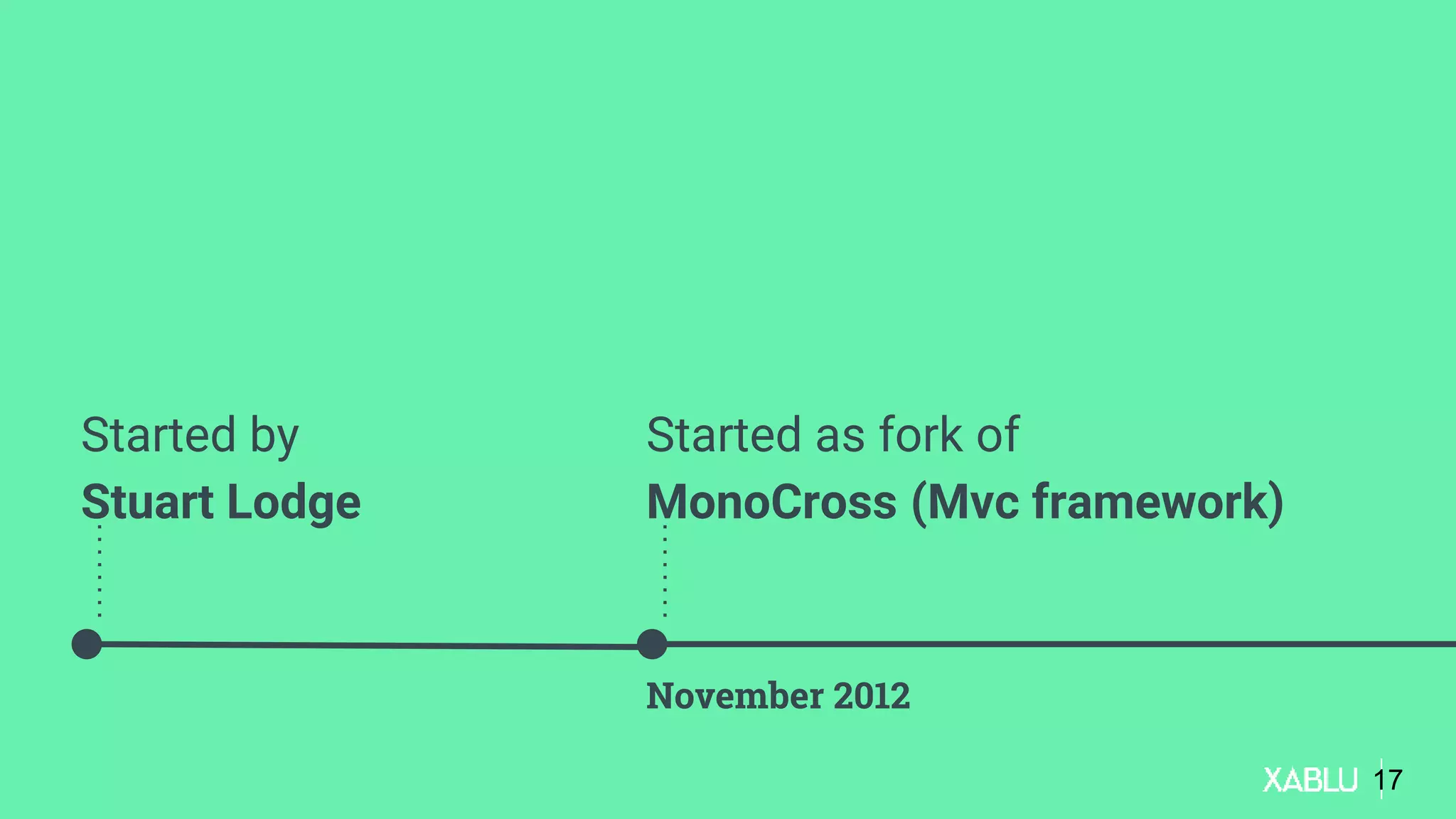 Started by
Stuart Lodge
Started as fork of
MonoCross (Mvc framework)
November 2012
17
 