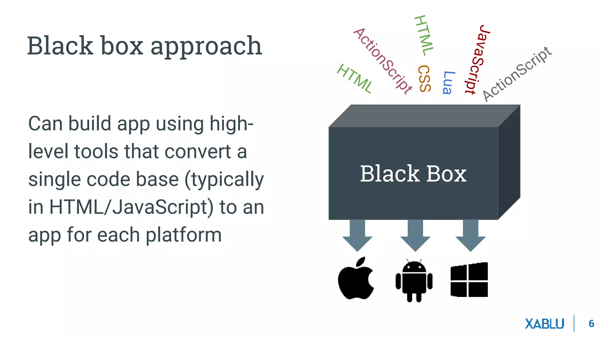 6
Black box approach
Black Box
Can build app using high-
level tools that convert a
single code base (typically
in HTML/JavaScript) to an
app for each platform
 