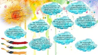 Να αναγνωρίσουν , να
κατανοήσουν και να
διαχειρίζονται τα
συναισθήματά τους
μέσα από την Τέχνη.
Να εκφράζουν τα
συναισθήματά τους
μέσα από συζητήσεις.
Να βιώσουν την
ενσυναίσθηση μέσα
από την παρατήρηση
έργων ζωγραφικής.
Να αποκτήσουν
θετική αυτοεκτίμηση
μέσα από την
αλληλεπίδραση για
την παραγωγή κοινού
έργου.
Να προβληματιστούν
και να ερευνούν ποικίλες
καταστάσεις, να
στηρίζονται σε
προηγούμενες γνώσεις
και εμπειρίες .
Να αναπτύξουν τα
παιδιά ικανότητες όπως:
η επίλυση προβλήματος,
η επεξεργασία
δεδομένων, η ανάλυση
και σύνθεση, οι
εκτιμήσεις.
Να αναπτύξουν τα παιδιά
καλλιτεχνικές εμπειρίες, οι
οποίες θα τους επιτρέψουν
να κατανοήσουν σταδιακά
το φαινόμενο της τέχνης και
να το εντάξουν με ουσιαστικό
τρόπο στην προσωπική τους
ζωή.
Να αναπτύξουν
δεξιότητες ψηφιακού
γραμματισμού.
Να αναπτυχθεί ο
αισθητικός
γραμματισμός και η
συμβολική επικοινωνία.
 