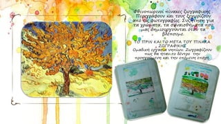 Φθινοπωρινοί πίνακες ζωγραφικής .
Περιγράφουν και τους ξεχωρίζουν
από τις φωτογραφίες. Συζήτηση για
τα χρώματα, τα συναισθήματα που
μας δημιουργούνται όταν τα
βλέπουμε.
ΤΟ ΠΡΙΝ ΚΑΙ ΤΟ ΜΕΤΑ ΤΟΥ ΠΙΝΑΚΑ
ΖΩΓΡΑΦΙΚΗΣ
Ομαδική εργασία νηπίων. Ζωγραφίζουν
πως θα ήταν το δέντρο την
προηγούμενη και την επόμενη εποχή.
 