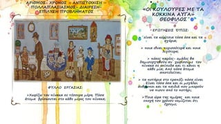 «ΟΙ ΚΟΥΛΟΥΡΕΣ ΜΕ ΤΑ
ΚΟΚΚΙΝΑ ΑΥΓΑ»
ΘΕΟΦΙΛΟΣ
ΑΡΙΘΜΟΣ- ΧΡΟΝΟΣ – ΑΝΤΙΣΤΟΙΧΙΣΗ –
ΠΟΛΛΑΠΛΑΣΙΑΣΜΟΣ- ΔΙΑΙΡΕΣΗ-
ΕΠΙΛΥΣΗ ΠΡΟΒΛΗΜΑΤΟΣ
ΕΡΩΤΗΣΕΙΣ ΌΠΩΣ:
 είναι τα κορίτσια τόσα όσα και τα
αγόρια;
 ποια είναι περισσότερα και ποια
λιγότερα;
 πόσες παρέες- ομάδες θα
δημιουργηθούν αν χωρίσουμε τον
πίνακα σε επίπεδα και τι κάνει η
κάθε μία; Από πόσα άτομα
αποτελείται;
 τα ποτήρια στο τραπέζι πόσα είναι
. Είναι τόσα όσα και οι μεγάλοι
άνθρωποι και τα παιδιά που μπορούν
να πιουν από το ποτήρι;
Ποια ώρα της ημέρας και ποια
εποχή του χρόνου νομίζεται ότι
έχουμε;
ΦΥΛΛΟ ΕΡΓΑΣΙΑΣ:
Χωρίζω τον πίνακα σε τέσσερα μέρη. Πόσα
άτομα βρίσκονται στο κάθε μέρος του πίνακα;
 