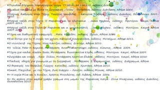 Περιοδικό Σύγχρονο Νηπιαγωγείο, τεύχη 77,80,81,84,114,115, εκδόσεις Δίπτυχο.
Ομαδικά παιχνίδια με άξονα τη ζωγραφική , Γεύσω Παπαδάκη, εκδόσεις Διάπλαση, Αθήνα 2005.
Μαγικές διαδρομές στην Τέχνη, Γεώργιος Ιακωβίδης , Κατερίνα Τζαβάρα, εκδόσεις Διάπλους, Θεσσαλονίκη 2009-
2010.
Μαγικό ταξίδι στην Τέχνη :Η Μαριάννα και τα ηλιοτρόπια , James Mayhew, εκδόσεις Μοντέρνοι Καιροί, Αθήνα
2009-2011.
Μαγικό ταξίδι στην Τέχνη :Η Μαριάννα και οι ιμπρεσιονιστές , James Mayhew, εκδόσεις Μοντέρνοι Καιροί, Αθήνα
2009-2011.
Τέχνη και διαθεματικές εφαρμογές , Μαίη Κοκκίδου, εκδόσεις Ωρίων, Αθήνα 2008.
Ένα δέντρο για τις 4 εποχές του χρόνου, Κατερίνα Ανωγιαννάκη, εκδόσεις Μεταίχμιο, Αθήνα 2011.
Ο ντεντέκτιβ της Τέχνης, Νίκη Κάντζου, εκδόσεις Δίπτυχο, Αθήνα 2011.
Η τελεία, Peter H. Reynolds, Μετάφραση Άννα Παπασταύρου, εκδόσεις Αίσωπος , Αθήνα 2004.
Τέχνη για παιδιά, Aladdin Books, Μετάφραση Κωνσταντίνα Κύρδη, εκδόσεις Μοντέρνοι Καιροί, Αθήνα 2009.
Ζωγράφοι και εποχές , Rosie Dickins, Μετάφραση Χριστίνα Ελιάσα, εκδόσεις Μοντέρνοι Καιροί, Αθήνα 2010.
Παιδικός οδηγός για γνωριμία με τη ζωγραφική , Μετάφραση Σ. Ζαραμπούκα, εκδόσεις Διάγραμμα, Αθήνα .
Ο θησαυρός του Θεόφιλου, Γιώργος Κατσέλης, εκδόσεις Χριστάκη, Αθήνα 2015.
Smart, Παιχνίδια με την Τέχνη, Ζωή Νιάρχου – Λουίζου, εκδόσεις Μίνωας, Αθήνα 2010.
« Η κυρία Μίνα και η Άνοιξη», Χρήστος Μπουλώτης, εκδ. Λιβάνη, Αθήνα 2006.
« Με αγάπη στην καρδιά γράφω γράμμα στη μαμά» της Μαριάννας Κατρά- Ζένια Μπαγιώκη, εκδόσεις Διάπλους,
Θεσσαλονίκη 2013.
 