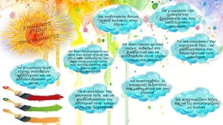 Να υιοθετήσουν θετική
στάση απέναντι στην
τέχνη
Να γνωρίσουν την
ορολογία της
ζωγραφικής και των
καλλιτεχνικών
ρευμάτων
Να γνωρίσουν έργα
τέχνης σπουδαίων
καλλιτεχνών και να
αλληλεπιδράσουν με
αυτά.
Να συνειδητοποιήσουν την
αξία των έργων τέχνης και
ότι ο κάθε καλλιτέχνης έχει
έναν υποκειμενικό τρόπο
που αντιλαμβάνεται και
βλέπει την
πραγματικότητα.
Να αποκτήσουν κριτική
σκέψη, σεβασμό στο
διαφορετικό και να
αντιληφθούν ότι η τέχνη
ενώνει τον κόσμο.
Να ικανοποιήσουν την
περιέργειά τους , να
καλλιεργήσουν την
παρατηρητική τους
ικανότητα.
Να αναπτύξουν την
φαντασία τους και να
απελευθερώσουν τον
εσωτερικό τους κόσμο
μέσω της ζωγραφικής.
Να αναπτυχθούν οι
γνωστικές δεξιότητες
στα μαθηματικά και την
γλώσσα.
Να αναγνωρίζουν λέξεις
και να τις αντιστοιχίζουν
με εικόνες.
 