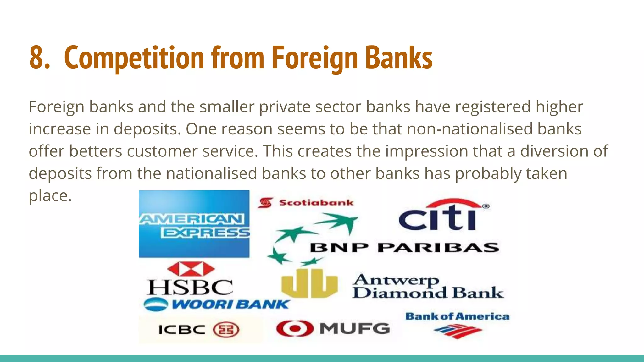 8. Competition from Foreign Banks
Foreign banks and the smaller private sector banks have registered higher
increase in deposits. One reason seems to be that non-nationalised banks
offer betters customer service. This creates the impression that a diversion of
deposits from the nationalised banks to other banks has probably taken
place.
 