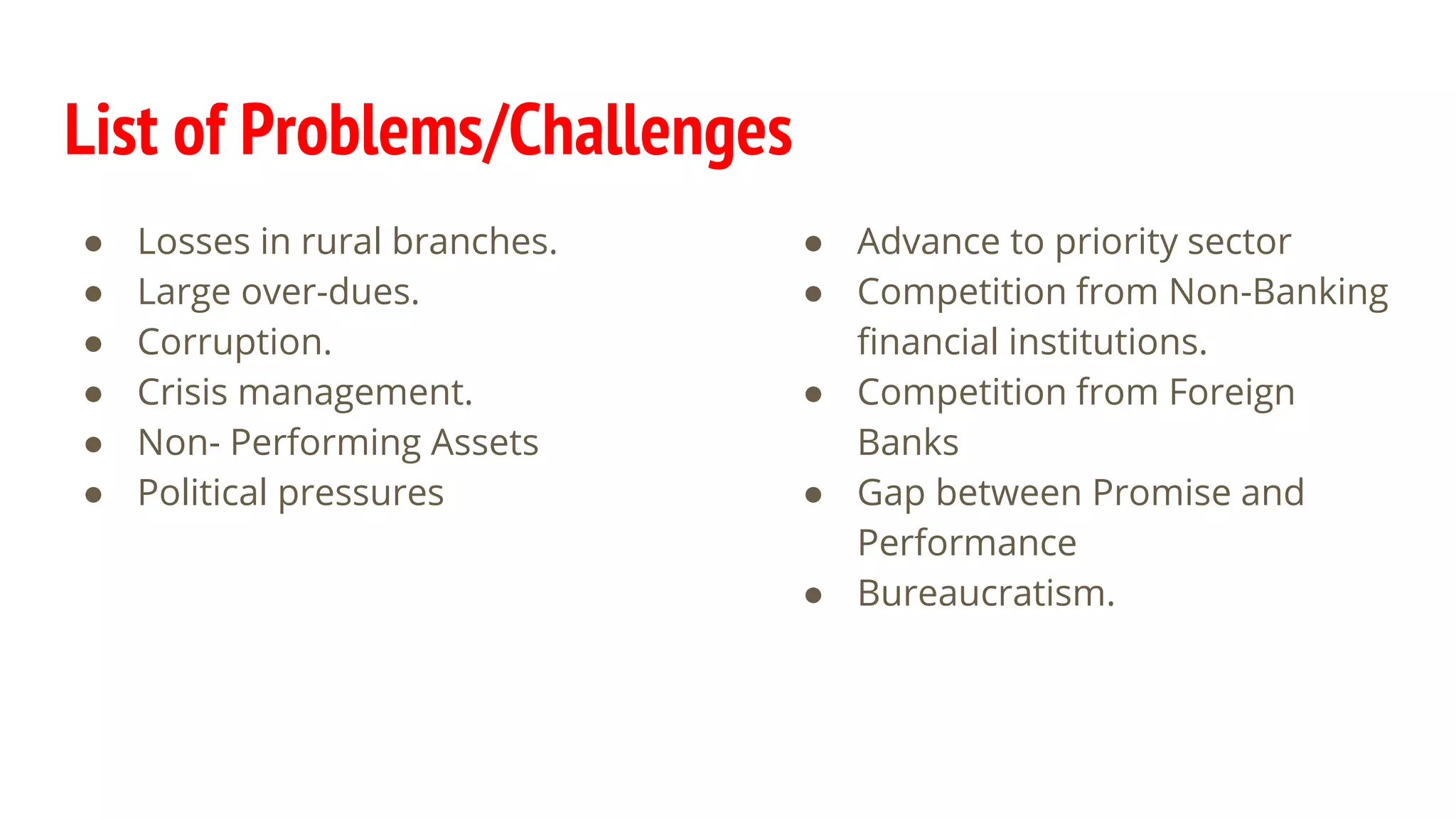 List of Problems/Challenges
● Losses in rural branches.
● Large over-dues.
● Corruption.
● Crisis management.
● Non- Performing Assets
● Political pressures
● Advance to priority sector
● Competition from Non-Banking
financial institutions.
● Competition from Foreign
Banks
● Gap between Promise and
Performance
● Bureaucratism.
 