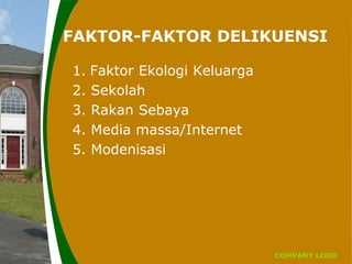 COMPANY LOGO
FAKTOR-FAKTOR DELIKUENSI
1. Faktor Ekologi Keluarga
2. Sekolah
3. Rakan Sebaya
4. Media massa/Internet
5. Modenisasi
 