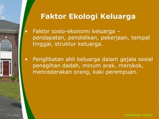 COMPANY LOGO
Faktor Ekologi Keluarga
• Faktor sosio-ekonomi keluarga –
pendapatan, pendidikan, pekerjaan, tempat
tinggal, struktur keluarga.
• Penglibatan ahli keluarga dalam gejala sosial
penagihan dadah, minum arak, merokok,
mencederakan orang, kaki perempuan.
 
