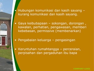 COMPANY LOGO
• Hubungan komunikasi dan kasih sayang –
kurang komunikasi dan kasih sayang.
• Gaya keibubapaan – sokongan, dorongan ,
kawalan, perhatian, pengawasan, memberi
kebebasan, permissive (membenarkan)
• Pengabaian keluarga – pengasingan
• Keruntuhan rumahtangga – perceraian,
perpisahan dan pergaduhan ibu bapa
 