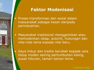 COMPANY LOGO
Faktor Modenisasi
• Proses transformasi dan sosial dalam
masyarakat sebagai kesan daripada
perindustrian.
• Masyarakat tradisional menggantikan atau
memodenkan sikap, autoriti, hubungan dan
nilai-nilai lama kepada nilai baru.
• Gaya hidup dan tradisi berubah kepada cara
hidup moden seiring pertumbuhan kilang,
pusat hiburan, taman-taman tema.
 