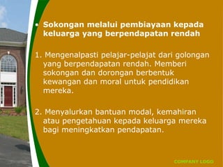 COMPANY LOGO
• Sokongan melalui pembiayaan kepada
keluarga yang berpendapatan rendah
1. Mengenalpasti pelajar-pelajat dari golongan
yang berpendapatan rendah. Memberi
sokongan dan dorongan berbentuk
kewangan dan moral untuk pendidikan
mereka.
2. Menyalurkan bantuan modal, kemahiran
atau pengetahuan kepada keluarga mereka
bagi meningkatkan pendapatan.
 
