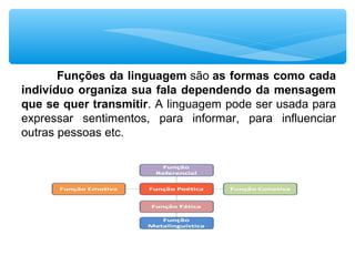 Funções da linguagem são as formas como cada
indivíduo organiza sua fala dependendo da mensagem
que se quer transmitir. A linguagem pode ser usada para 
expressar  sentimentos,  para  informar,  para  influenciar 
outras pessoas etc. 
 