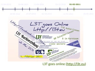26-05-2011
11-04-2010
29-05-2010
18-06-2010
23-07-2010
11-09-2010
02-10-2010
03-12-2010
11-01-2011
01-02-2011
L3T	
  goes	
  online	
  (h.p://l3t.eu)
 