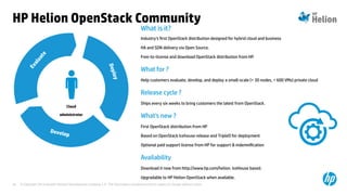 © Copyright 2014 Hewlett-Packard Development Company, L.P. The information contained herein is subject to change without notice.30
What is it?
Industry's first OpenStack distribution designed for hybrid cloud and business
HA and SDN delivery via Open Source.
Free-to-license and download OpenStack distribution from HP.
What for ?
Help customers evaluate, develop, and deploy a small-scale (< 30 nodes, < 600 VMs) private cloud
Release cycle ?
Ships every six weeks to bring customers the latest from OpenStack.
What's new ?
First OpenStack distribution from HP
Based on OpenStack Icehouse release and TripleO for deployment
Optional paid support license from HP for support & indemnification
Availability
Download it now from http://www.hp.com/helion. IceHouse based.
Upgradable to HP Helion OpenStack when available.
Evaluate
Deploy
Develop
Cloud
administrator
HP Helion OpenStack Community
 