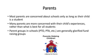 Parents
• Most parents are concerned about schools only as long as their child
is a student
• Many parents are more concerned with their child’s experiences,
rather than what is best for all students
• Parent groups in schools (PTO, PTA, etc.) are generally glorified fund
raising groups
 