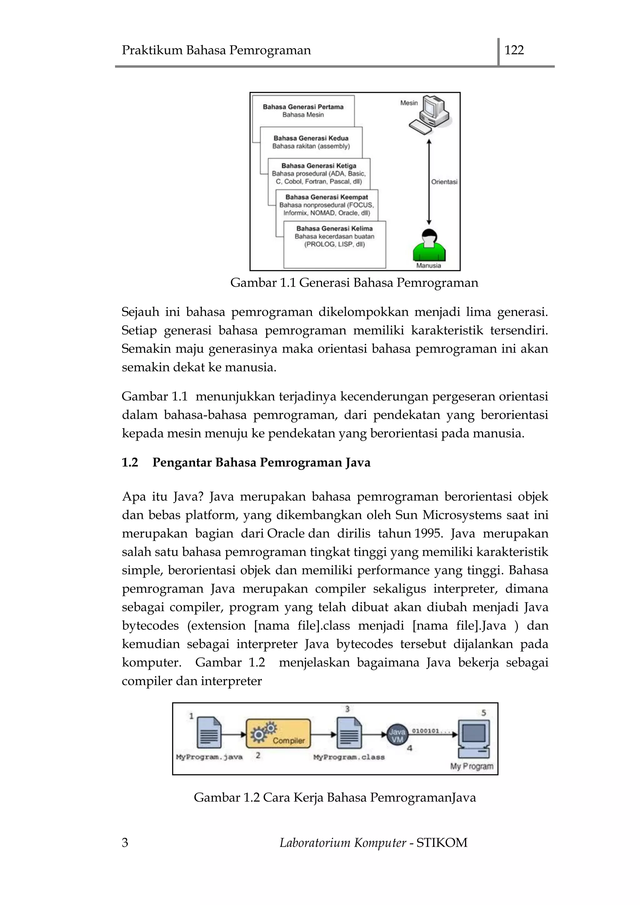 Praktikum Bahasa Pemrograman 122
3 Laboratorium Komputer - STIKOM
Gambar 1.1 Generasi Bahasa Pemrograman
Sejauh ini bahasa pemrograman dikelompokkan menjadi lima generasi.
Setiap generasi bahasa pemrograman memiliki karakteristik tersendiri.
Semakin maju generasinya maka orientasi bahasa pemrograman ini akan
semakin dekat ke manusia.
Gambar 1.1 menunjukkan terjadinya kecenderungan pergeseran orientasi
dalam bahasa-bahasa pemrograman, dari pendekatan yang berorientasi
kepada mesin menuju ke pendekatan yang berorientasi pada manusia.
1.2 Pengantar Bahasa Pemrograman Java
Apa itu Java? Java merupakan bahasa pemrograman berorientasi objek
dan bebas platform, yang dikembangkan oleh Sun Microsystems saat ini
merupakan bagian dari Oracle dan dirilis tahun 1995. Java merupakan
salah satu bahasa pemrograman tingkat tinggi yang memiliki karakteristik
simple, berorientasi objek dan memiliki performance yang tinggi. Bahasa
pemrograman Java merupakan compiler sekaligus interpreter, dimana
sebagai compiler, program yang telah dibuat akan diubah menjadi Java
bytecodes (extension [nama file].class menjadi [nama file].Java ) dan
kemudian sebagai interpreter Java bytecodes tersebut dijalankan pada
komputer. Gambar 1.2 menjelaskan bagaimana Java bekerja sebagai
compiler dan interpreter
Gambar 1.2 Cara Kerja Bahasa PemrogramanJava
 