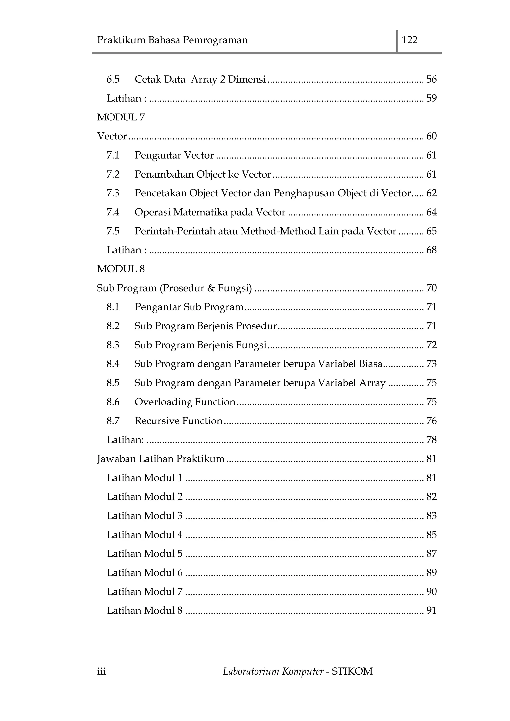 Praktikum Bahasa Pemrograman 122
iii Laboratorium Komputer - STIKOM
6.5 Cetak Data Array 2 Dimensi............................................................. 56
Latihan : ........................................................................................................... 59
MODUL 7
Vector................................................................................................................... 60
7.1 Pengantar Vector ................................................................................. 61
7.2 Penambahan Object ke Vector........................................................... 61
7.3 Pencetakan Object Vector dan Penghapusan Object di Vector..... 62
7.4 Operasi Matematika pada Vector ..................................................... 64
7.5 Perintah-Perintah atau Method-Method Lain pada Vector .......... 65
Latihan : ........................................................................................................... 68
MODUL 8
Sub Program (Prosedur & Fungsi) .................................................................. 70
8.1 Pengantar Sub Program...................................................................... 71
8.2 Sub Program Berjenis Prosedur......................................................... 71
8.3 Sub Program Berjenis Fungsi............................................................. 72
8.4 Sub Program dengan Parameter berupa Variabel Biasa................ 73
8.5 Sub Program dengan Parameter berupa Variabel Array .............. 75
8.6 Overloading Function......................................................................... 75
8.7 Recursive Function.............................................................................. 76
Latihan: ............................................................................................................ 78
Jawaban Latihan Praktikum............................................................................. 81
Latihan Modul 1 ............................................................................................. 81
Latihan Modul 2 ............................................................................................. 82
Latihan Modul 3 ............................................................................................. 83
Latihan Modul 4 ............................................................................................. 85
Latihan Modul 5 ............................................................................................. 87
Latihan Modul 6 ............................................................................................. 89
Latihan Modul 7 ............................................................................................. 90
Latihan Modul 8 ............................................................................................. 91
 
