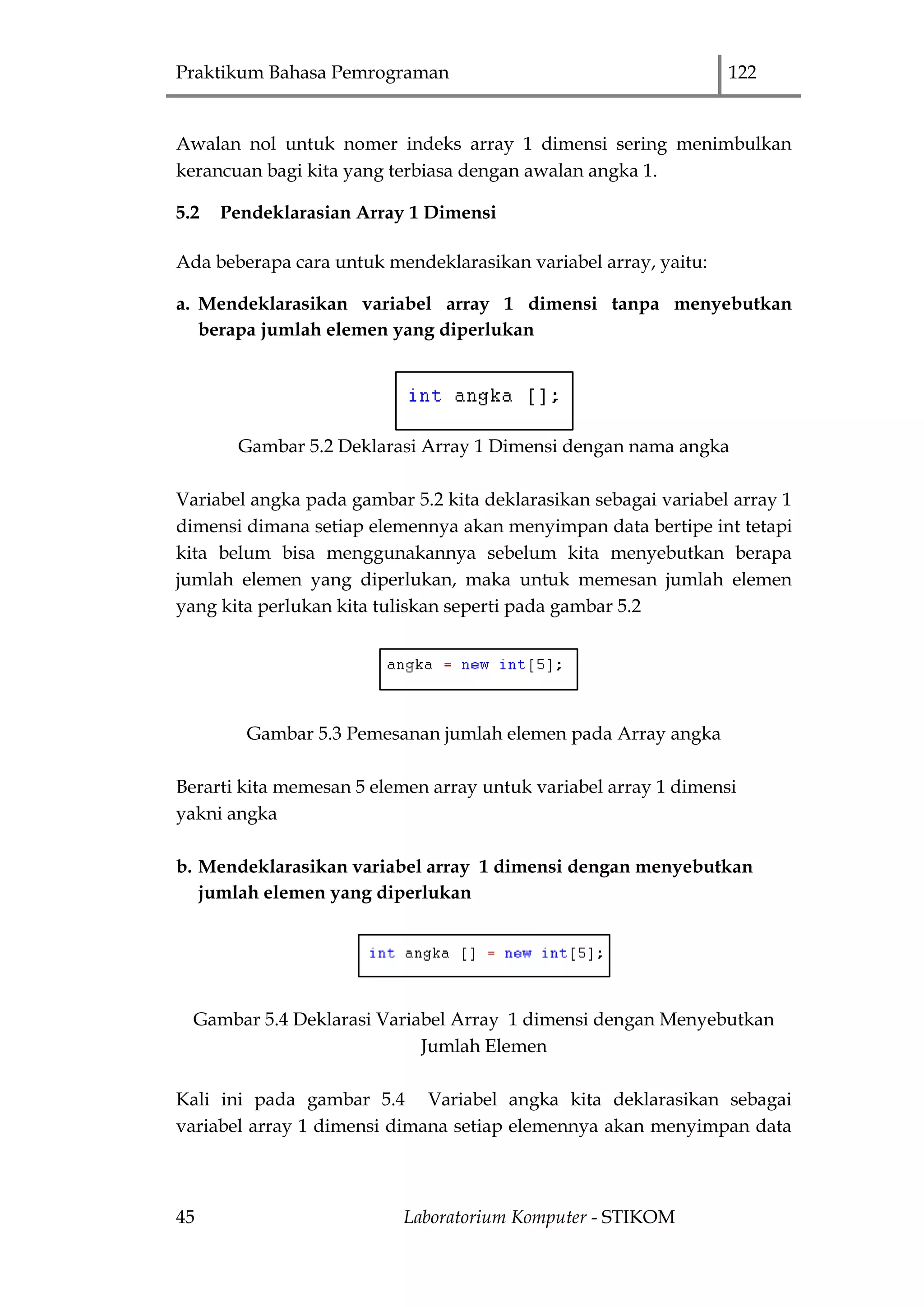 Praktikum Bahasa Pemrograman 122
45 Laboratorium Komputer - STIKOM
Awalan nol untuk nomer indeks array 1 dimensi sering menimbulkan
kerancuan bagi kita yang terbiasa dengan awalan angka 1.
5.2 Pendeklarasian Array 1 Dimensi
Ada beberapa cara untuk mendeklarasikan variabel array, yaitu:
a. Mendeklarasikan variabel array 1 dimensi tanpa menyebutkan
berapa jumlah elemen yang diperlukan
Gambar 5.2 Deklarasi Array 1 Dimensi dengan nama angka
Variabel angka pada gambar 5.2 kita deklarasikan sebagai variabel array 1
dimensi dimana setiap elemennya akan menyimpan data bertipe int tetapi
kita belum bisa menggunakannya sebelum kita menyebutkan berapa
jumlah elemen yang diperlukan, maka untuk memesan jumlah elemen
yang kita perlukan kita tuliskan seperti pada gambar 5.2
Gambar 5.3 Pemesanan jumlah elemen pada Array angka
Berarti kita memesan 5 elemen array untuk variabel array 1 dimensi
yakni angka
b. Mendeklarasikan variabel array 1 dimensi dengan menyebutkan
jumlah elemen yang diperlukan
Gambar 5.4 Deklarasi Variabel Array 1 dimensi dengan Menyebutkan
Jumlah Elemen
Kali ini pada gambar 5.4 Variabel angka kita deklarasikan sebagai
variabel array 1 dimensi dimana setiap elemennya akan menyimpan data
 