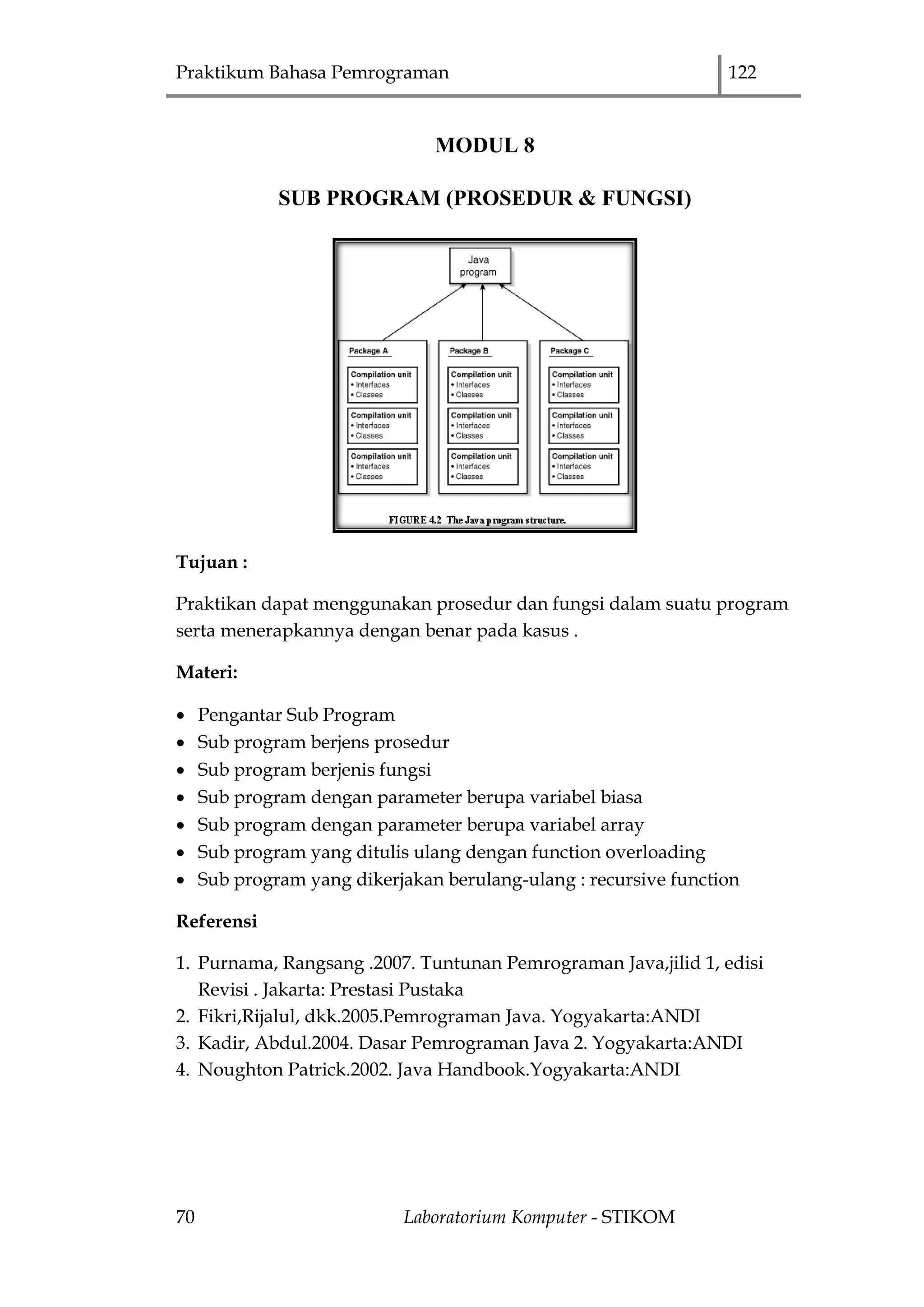 Praktikum Bahasa Pemrograman 122
70 Laboratorium Komputer - STIKOM
MODUL 8
SUB PROGRAM (PROSEDUR & FUNGSI)
Tujuan :
Praktikan dapat menggunakan prosedur dan fungsi dalam suatu program
serta menerapkannya dengan benar pada kasus .
Materi:
 Pengantar Sub Program
 Sub program berjens prosedur
 Sub program berjenis fungsi
 Sub program dengan parameter berupa variabel biasa
 Sub program dengan parameter berupa variabel array
 Sub program yang ditulis ulang dengan function overloading
 Sub program yang dikerjakan berulang-ulang : recursive function
Referensi
1. Purnama, Rangsang .2007. Tuntunan Pemrograman Java,jilid 1, edisi
Revisi . Jakarta: Prestasi Pustaka
2. Fikri,Rijalul, dkk.2005.Pemrograman Java. Yogyakarta:ANDI
3. Kadir, Abdul.2004. Dasar Pemrograman Java 2. Yogyakarta:ANDI
4. Noughton Patrick.2002. Java Handbook.Yogyakarta:ANDI
 