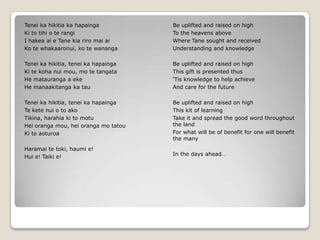 Tenei ka hikitia ka hapainga
Ki to tihi o te rangi
I hakea ai e Tane kia riro mai ai
Ko te whakaaronui, ko te wananga
Tenei ka hikitia, tenei ka hapainga
Ki te koha nui mou, mo te tangata
He matauranga a eke
He manaakitanga ka tau
Tenei ka hikitia, tenei ka hapainga
Te kete nui o to ako
Tikina, harahia ki to motu
Hei oranga mou, hei oranga mo tatou
Ki to aoturoa
Haramai te toki, haumi e!
Hui e! Taiki e!
Be uplifted and raised on high
To the heavens above
Where Tane sought and received
Understanding and knowledge
Be uplifted and raised on high
This gift is presented thus
„Tis knowledge to help achieve
And care for the future
Be uplifted and raised on high
This kit of learning
Take it and spread the good word throughout
the land
For what will be of benefit for one will benefit
the many
In the days ahead…
 