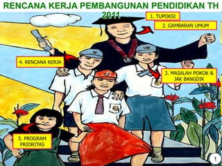 RENCANA KERJA PEMBANGUNAN PENDIDIKAN TH
2011 1. TUPOKSI
2. GAMBARAN UMUM
3. MASALAH POKOK &
JAK BANGDIK
4. RENCANA KERJA
5. PROGRAM
PRIORITAS
1
 
