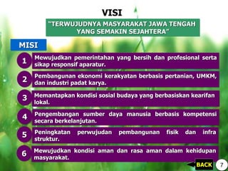 VISI
“TERWUJUDNYA MASYARAKAT JAWA TENGAH
YANG SEMAKIN SEJAHTERA”
Memantapkan kondisi sosial budaya yang berbasiskan kearifan
lokal.
Pengembangan sumber daya manusia berbasis kompetensi
secara berkelanjutan.
Peningkatan perwujudan pembangunan fisik dan infra
struktur.
Mewujudkan kondisi aman dan rasa aman dalam kehidupan
masyarakat.
MISI
Mewujudkan pemerintahan yang bersih dan profesional serta
sikap responsif aparatur.
1
Pembangunan ekonomi kerakyatan berbasis pertanian, UMKM,
dan industri padat karya.
2
3
4
5
6
BACK 7
 