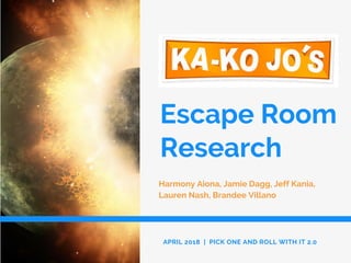 Escape Room
Research
APRIL 2018  |  PICK ONE AND ROLL WITH IT 2.0
Harmony Aiona, Jamie Dagg, Jeff Kania,
Lauren Nash, Brandee Villano
 