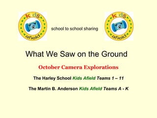 school to school sharing 
What We Saw on the Ground 
October Camera Explorations 
The Harley School Kids Afield Teams 1 – 11 
The Martin B. Anderson Kids Afield Teams A - K 
 