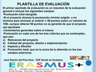 José Ramón del Pino Ruiz. CEP Alcalá de Guadaíra
El primer apartado de evaluación es un resumen de la evaluación
general e incluye los siguientes campos:
-Puntuación total otorgada
-Si el proyecto alcanza la puntuación mínima exigida o no
(mínimo para alcanzar el umbral -> 60 puntos sobre un máximo de
100), aunque obtener 60 puntos no es garantía de que el proyecto
sea aprobado
-Comentarios generales sobre el mismo
-Puntuación en cada uno de los tres criterios que se contemplan,
que son:
a) Relevancia del proyecto
b) Calidad del proyecto, diseño e implementación
c) Impacto y difusión
d) Puntuación total, que es la suma de la obtenida en los tres
campos anteriores.
PLANTILLA DE EVALUACIÓN
 