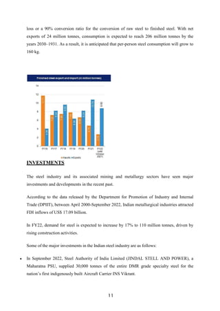 11
loss or a 90% conversion ratio for the conversion of raw steel to finished steel. With net
exports of 24 million tonnes, consumption is expected to reach 206 million tonnes by the
years 2030–1931. As a result, it is anticipated that per-person steel consumption will grow to
160 kg.
INVESTMENTS
The steel industry and its associated mining and metallurgy sectors have seen major
investments and developments in the recent past.
According to the data released by the Department for Promotion of Industry and Internal
Trade (DPIIT), between April 2000-September 2022, Indian metallurgical industries attracted
FDI inflows of US$ 17.09 billion.
In FY22, demand for steel is expected to increase by 17% to 110 million tonnes, driven by
rising construction activities.
Some of the major investments in the Indian steel industry are as follows:
 In September 2022, Steel Authority of India Limited (JINDAL STELL AND POWER), a
Maharatna PSU, supplied 30,000 tonnes of the entire DMR grade specialty steel for the
nation’s first indigenously built Aircraft Carrier INS Vikrant.
 
