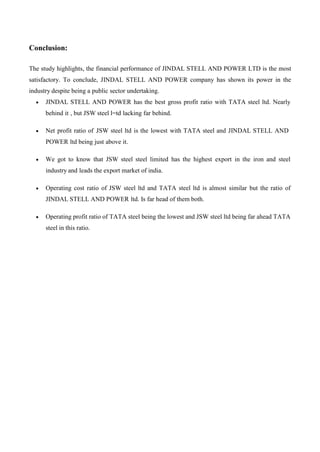 Conclusion:
The study highlights, the financial performance of JINDAL STELL AND POWER LTD is the most
satisfactory. To conclude, JINDAL STELL AND POWER company has shown its power in the
industry despite being a public sector undertaking.
 JINDAL STELL AND POWER has the best gross profit ratio with TATA steel ltd. Nearly
behind it , but JSW steel l=td lacking far behind.
 Net profit ratio of JSW steel ltd is the lowest with TATA steel and JINDAL STELL AND
POWER ltd being just above it.
 We got to know that JSW steel steel limited has the highest export in the iron and steel
industry and leads the export market of india.
 Operating cost ratio of JSW steel ltd and TATA steel ltd is almost similar but the ratio of
JINDAL STELL AND POWER ltd. Is far head of them both.
 Operating profit ratio of TATA steel being the lowest and JSW steel ltd being far ahead TATA
steel in this ratio.
 