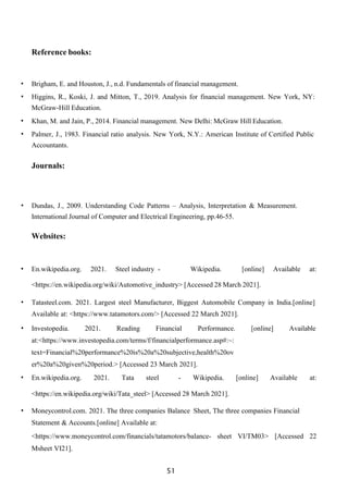 51
Reference books:
• Brigham, E. and Houston, J., n.d. Fundamentals of financial management.
• Higgins, R., Koski, J. and Mitton, T., 2019. Analysis for financial management. New York, NY:
McGraw-Hill Education.
• Khan, M. and Jain, P., 2014. Financial management. New Delhi: McGraw Hill Education.
• Palmer, J., 1983. Financial ratio analysis. New York, N.Y.: American Institute of Certified Public
Accountants.
Journals:
• Dundas, J., 2009. Understanding Code Patterns – Analysis, Interpretation & Measurement.
International Journal of Computer and Electrical Engineering, pp.46-55.
Websites:
• En.wikipedia.org. 2021. Steel industry - Wikipedia. [online] Available at:
<https://en.wikipedia.org/wiki/Automotive_industry> [Accessed 28 March 2021].
• Tatasteel.com. 2021. Largest steel Manufacturer, Biggest Automobile Company in India.[online]
Available at: <https://www.tatamotors.com/> [Accessed 22 March 2021].
• Investopedia. 2021. Reading Financial Performance. [online] Available
at:<https://www.investopedia.com/terms/f/financialperformance.asp#:~:
text=Financial%20performance%20is%20a%20subjective,health%20ov
er%20a%20given%20period.> [Accessed 23 March 2021].
• En.wikipedia.org. 2021. Tata steel - Wikipedia. [online] Available at:
<https://en.wikipedia.org/wiki/Tata_steel> [Accessed 28 March 2021].
• Moneycontrol.com. 2021. The three companies Balance Sheet, The three companies Financial
Statement & Accounts.[online] Available at:
<https://www.moneycontrol.com/financials/tatamotors/balance- sheet VI/TM03> [Accessed 22
Msheet VI21].
 