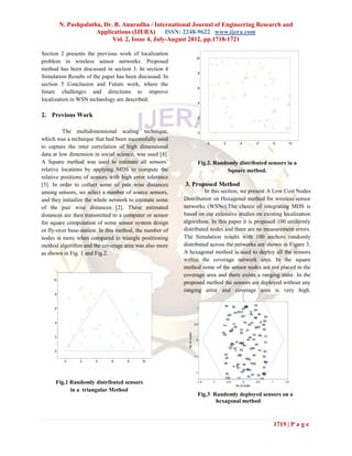 N. Pushpalatha, Dr. B. Anuradha / International Journal of Engineering Research and
                       Applications (IJERA) ISSN: 2248-9622 www.ijera.com
                             Vol. 2, Issue 4, July-August 2012, pp.1718-1721

Section 2 presents the previous work of localization
                                                                            10
problem in wireless sensor networks. Proposed
method has been discussed in section 3. In section 4
                                                                             8
Simulation Results of the paper has been discussed. In
section 5 Conclusion and Future work, where the
                                                                             6
future challenges and directions to improve
localization in WSN technology are described.
                                                                             4


2. Previous Work                                                             2



          The multidimensional scaling technique,                            0
which was a technique that had been successfully used
                                                                                    0         2              4              6             8         10
to capture the inter correlation of high dimensional
data at low dimension in social science, was used [4].
A Square method was used to estimate all sensors’                            Fig.2. Randomly distributed sensors in a
relative locations by applying MDS to compute the                                        Square method.
relative positions of sensors with high error tolerance
[3]. In order to collect some of pair wise distances      3. Proposed Method
among sensors, we select a number of source sensors,                In this section, we present A Low Cost Nodes
and they initialize the whole network to estimate some    Distribution on Hexagonal method for wireless sensor
of the pair wise distances [2]. These estimated           networks (WSNs).The choice of integrating MDS is
distances are then transmitted to a computer or sensor    based on our extensive studies on existing localization
for square computation of some sensor system design       algorithms. In this paper it is proposed 100 uniformly
or fly-over base-station. In this method, the number of   distributed nodes and there are no measurement errors.
nodes is more when compared to triangle positioning       The Simulation results with 100 anchors randomly
method algorithm and the coverage area was also more      distributed across the networks are shown in Figure 3.
as shown in Fig. 1 and Fig.2.                             A hexagonal method is used to deploy all the sensors
                                                          within the coverage network area. In the square
                                                          method some of the sensor nodes are not placed in the
                                                          coverage area and there exists a ranging error. In the
     10
                                                          proposed method the sensors are deployed without any
                                                          ranging error and coverage area is very high.
     8


                                                                                               38     85          65
                                                                                                                 81
                                                                                                                  22       78
     6                                                                      1                                  50          84
                                                                                                        42 89 3        6
                                                                                                                      25      56
                                                                                                  752         7311                  29
                                                                                                                           18
                                                                                                                           46
                                                                                                 92
     4                                                                                                           40 70           8 36
                                                                          0.5                 14       71            54           86
                                                                                                        98                 9932
                                                                                                      5      37 21                 59
                                                                                                    16
                                                                                                   63
                                                                                             79              26
                                                            No.of nodes




                                                                                              35                          75 88 15
     2                                                                                                               48
                                                                            0                                       64 27
                                                                                                         51 6169                    72
                                                                                                     87
                                                                                                      82      12            58
                                                                                                    10          44
                                                                                                   74 67              23 24
     0                                                                                                   1 55                  19 83
                                                                                               62           66
                                                                                                           77             68
                                                                          -0.5                                                     94
                                                                                                49                3439
           0     2     4      6      8     10                                                                                       80
                                                                                                                                     97
                                                                                               90         60 28        4720
                                                                                                       4 9                         57
                                                                                                           31      91
                                                                                                               30   245
                                                                           -1                                 76                   41
                                                                                                95                      43 93 96   33
                                                                                                100        17       53
                                                                                                                                 13
      Fig.1 Randomly distributed sensors                                     -1.5       -1      -0.5            0
                                                                                                          No.of nodes
                                                                                                                             0.5          1       1.5

            in a triangular Method
                                                                             Fig.3 Randomly deployed sensors on a
                                                                                    hexagonal method



                                                                                                                                              1719 | P a g e
 