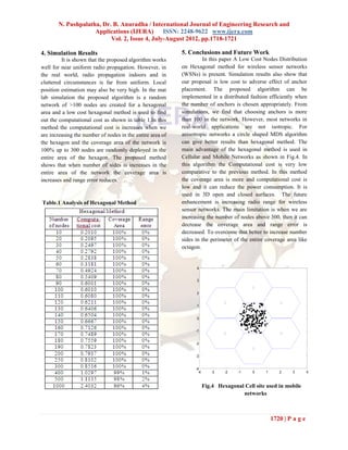 N. Pushpalatha, Dr. B. Anuradha / International Journal of Engineering Research and
                    Applications (IJERA) ISSN: 2248-9622 www.ijera.com
                          Vol. 2, Issue 4, July-August 2012, pp.1718-1721

4. Simulation Results                                      5. Conclusions and Future Work
         It is shown that the proposed algorithm works               In this paper A Low Cost Nodes Distribution
well for near uniform radio propagation. However, in       on Hexagonal method for wireless sensor networks
the real world, radio propagation indoors and in           (WSNs) is present. Simulation results also show that
cluttered circumstances is far from uniform. Local         our proposal is low cost to adverse effect of anchor
position estimation may also be very high. In the mat      placement. The proposed algorithm can be
lab simulation the proposed algorithm is a random          implemented in a distributed fashion efficiently when
network of >100 nodes are created for a hexagonal          the number of anchors is chosen appropriately. From
area and a low cost hexagonal method is used to find       simulations, we find that choosing anchors is more
out the computational cost as shown in table 1.In this     than 100 in the network. However, most networks in
method the computational cost is increases when we         real-world applications are not isotropic. For
are increasing the number of nodes in the entire area of   anisotropic networks a circle shaped MDS algorithm
the hexagon and the coverage area of the network is        can give better results than hexagonal method. The
100% up to 300 nodes are randomly deployed in the          main advantage of the hexagonal method is used in
entire area of the hexagon. The proposed method            Cellular and Mobile Networks as shown in Fig.4. In
shows that when number of sides is increases in the        this algorithm the Computational cost is very low
entire area of the network the coverage area is            comparative to the previous method. In this method
increases and range error reduces.                         the coverage area is more and computational cost is
                                                           low and it can reduce the power consumption. It is
                                                           used in 3D open and closed surfaces. The future
Table.1 Analysis of Hexagonal Method                       enhancement is increasing radio range for wireless
                                                           sensor networks. The main limitation is when we are
                                                           increasing the number of nodes above 300, then it can
                                                           decrease the coverage area and range error is
                                                           decreased. To overcome that better to increase number
                                                           sides in the perimeter of the entire coverage area like
                                                           octagon.


                                                                 4


                                                                 3


                                                                 2


                                                                 1


                                                                 0


                                                                 -1


                                                                 -2


                                                                 -3


                                                                 -4
                                                                   -4      -3    -2   -1    0    1      2    3        4


                                                                        Fig.4 Hexagonal Cell site used in mobile
                                                                                       networks



                                                                                                     1720 | P a g e
 
