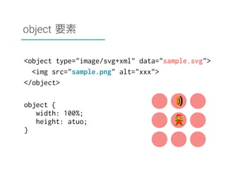 object 要素 
<object type="image/svg+xml" data="sample.svg"> 
<img src="sample.png" alt="xxx"> 
</object> 
object { 
width: 100%; 
height: atuo; 
} 
 