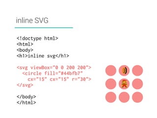 inline SVG 
<!doctype html> 
<html> 
<body> 
<h1>inline svg</h1> 
<svg viewBox="0 0 200 200"> 
<circle fill="#44bfb7" 
cx="15" cx="15" r="30"> 
</svg> 
</body> 
</html> 
 