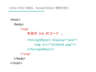 inline SVG の場合、foreignObject 要素を使う 
<html> 
<body> 
<svg> 
本来の SVG のコード … 
<foreignObject display="none"> 
<img src="fallback.png"/> 
</foreignObject> 
</svg> 
</body> 
</html> 
 