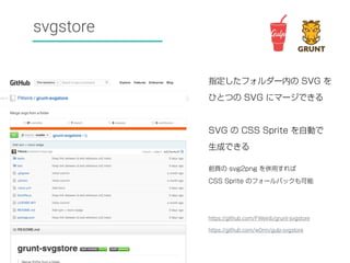 svgstore 
指定したフォルダー内の SVG を 
ひとつの SVG にマージできる 
SVG の CSS Sprite を自動で 
生成できる 
前頁の svg2png を併用すれば 
CSS Sprite のフォールバックも可能 
https://github.com/FWeinb/grunt-svgstore 
https://github.com/w0rm/gulp-svgstore 
 