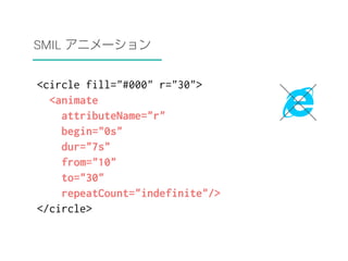 SMIL アニメーション 
<circle fill="#000" r="30"> 
<animate 
attributeName="r" 
begin="0s" 
dur="7s" 
from="10" 
to="30" 
repeatCount="indefinite"/> 
</circle> 
 