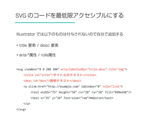 SVG のコードを最低限アクセシブルにする 
Illustrator では以下のものは付与されないので自分で追加する 
• title 要素 / desc 要素 
• aria-*属性 / role属性 
<svg viewBox="0 0 200 200" aria-labelledby="title desc" role="img"> 
<title id="title">タイトルのテキスト</title> 
<desc id="desc">説明テキスト</desc> 
<a xlink:href="http://example.com" tabindex="0" role="link"> 
<rect width="75" height="50" rx="20" ry="20" fill="#90ee90"/> 
<text x="35" y="30" font-size="1em">Website</text> 
</a> 
</svg> 
 