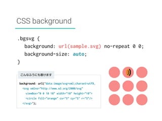 CSS background 
.bgsvg { 
background: url(sample.svg) no-repeat 0 0; 
background-size: auto; 
} 
こんなふうにも書けます 
background: ...
