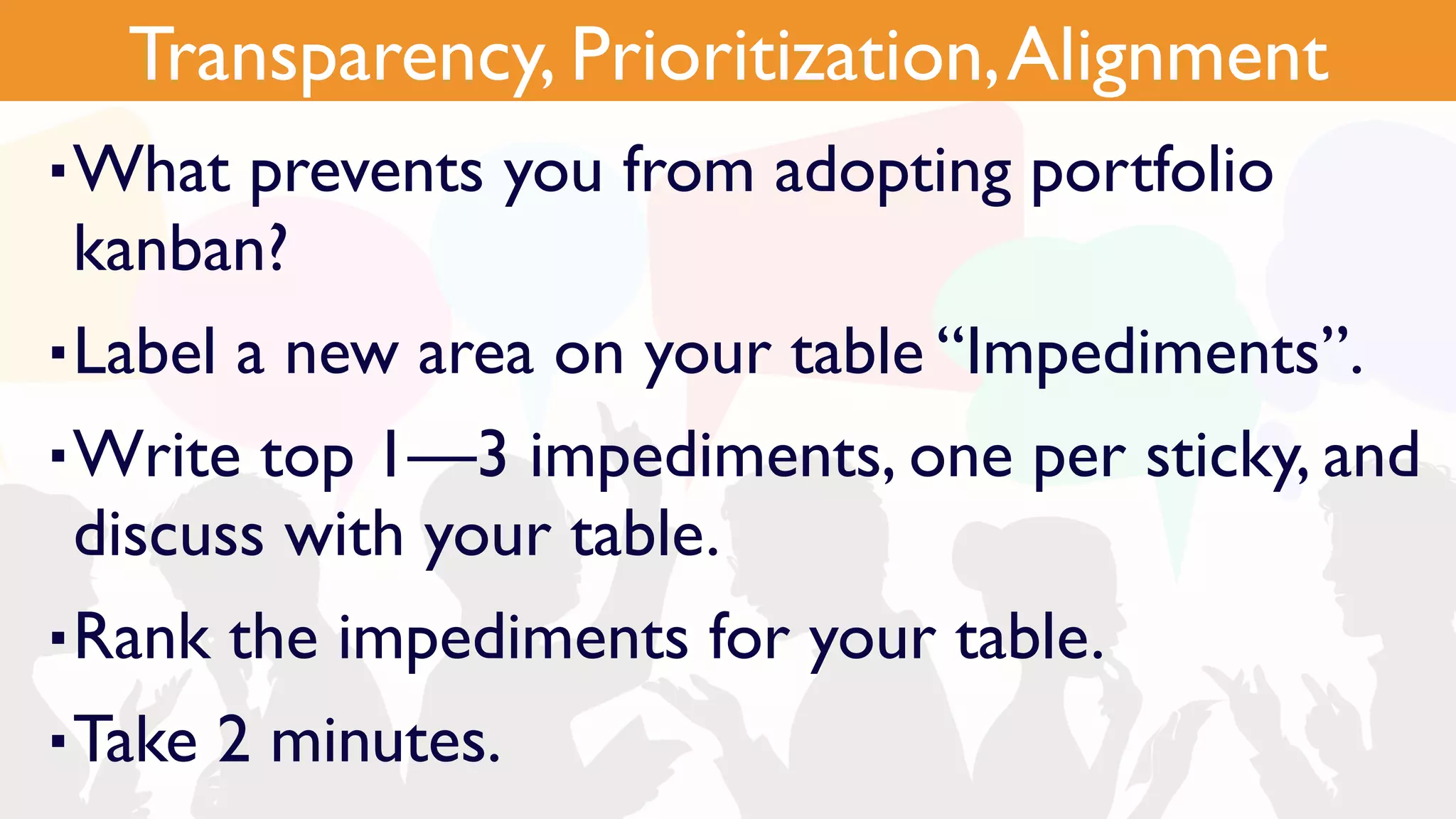 Pain Points
▪What prevents you from adopting portfolio
kanban?
▪Label a new area on your table “Impediments”.
▪Write top 1—3 impediments, one per sticky, and
discuss with your table.
▪Rank the impediments for your table.
▪Take 2 minutes.
Transparency, Prioritization,Alignment
 