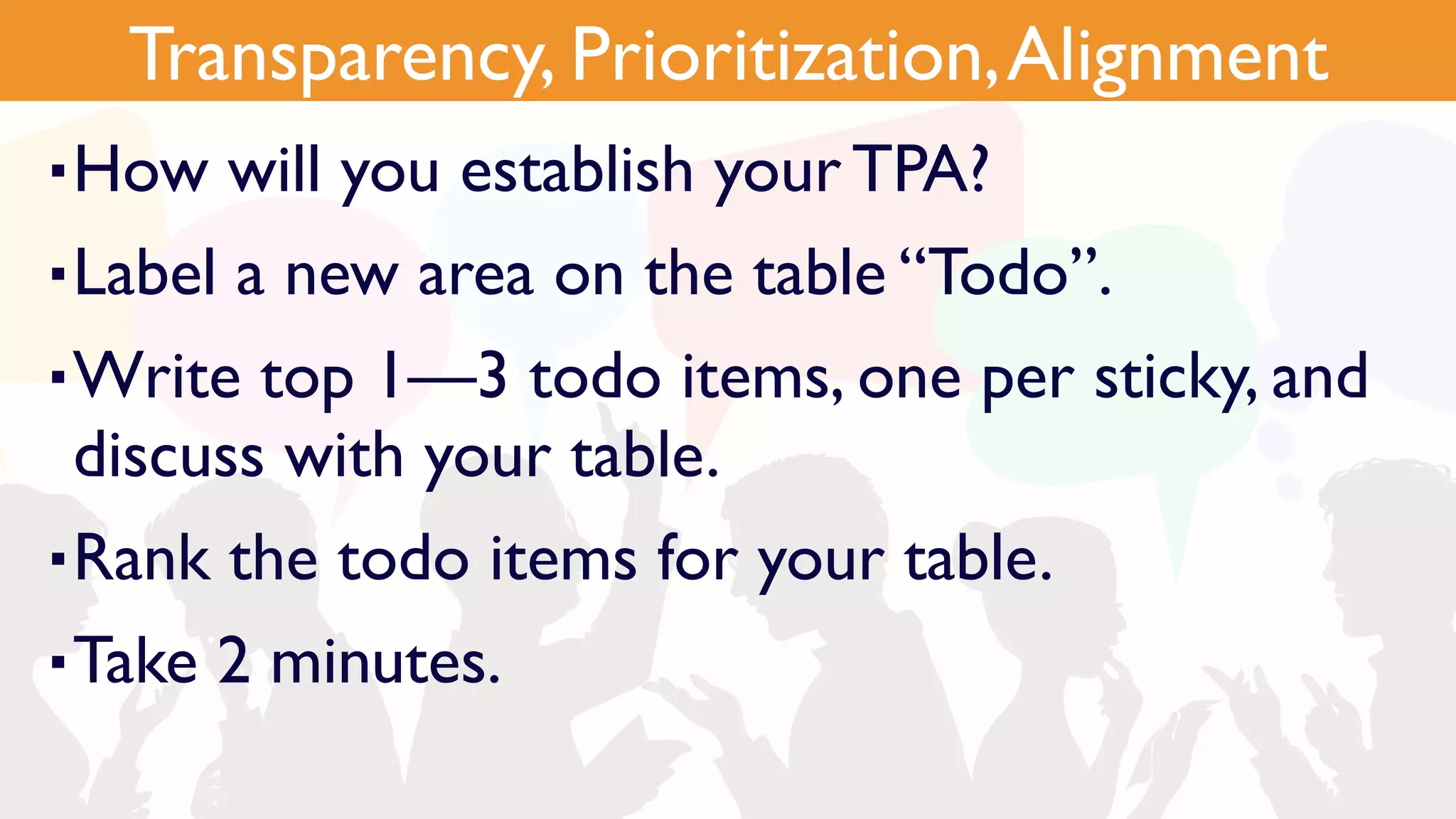 Pain Points
▪How will you establish your TPA?
▪Label a new area on the table “Todo”.
▪Write top 1—3 todo items, one per sticky, and
discuss with your table.
▪Rank the todo items for your table.
▪Take 2 minutes.
Transparency, Prioritization,Alignment
 