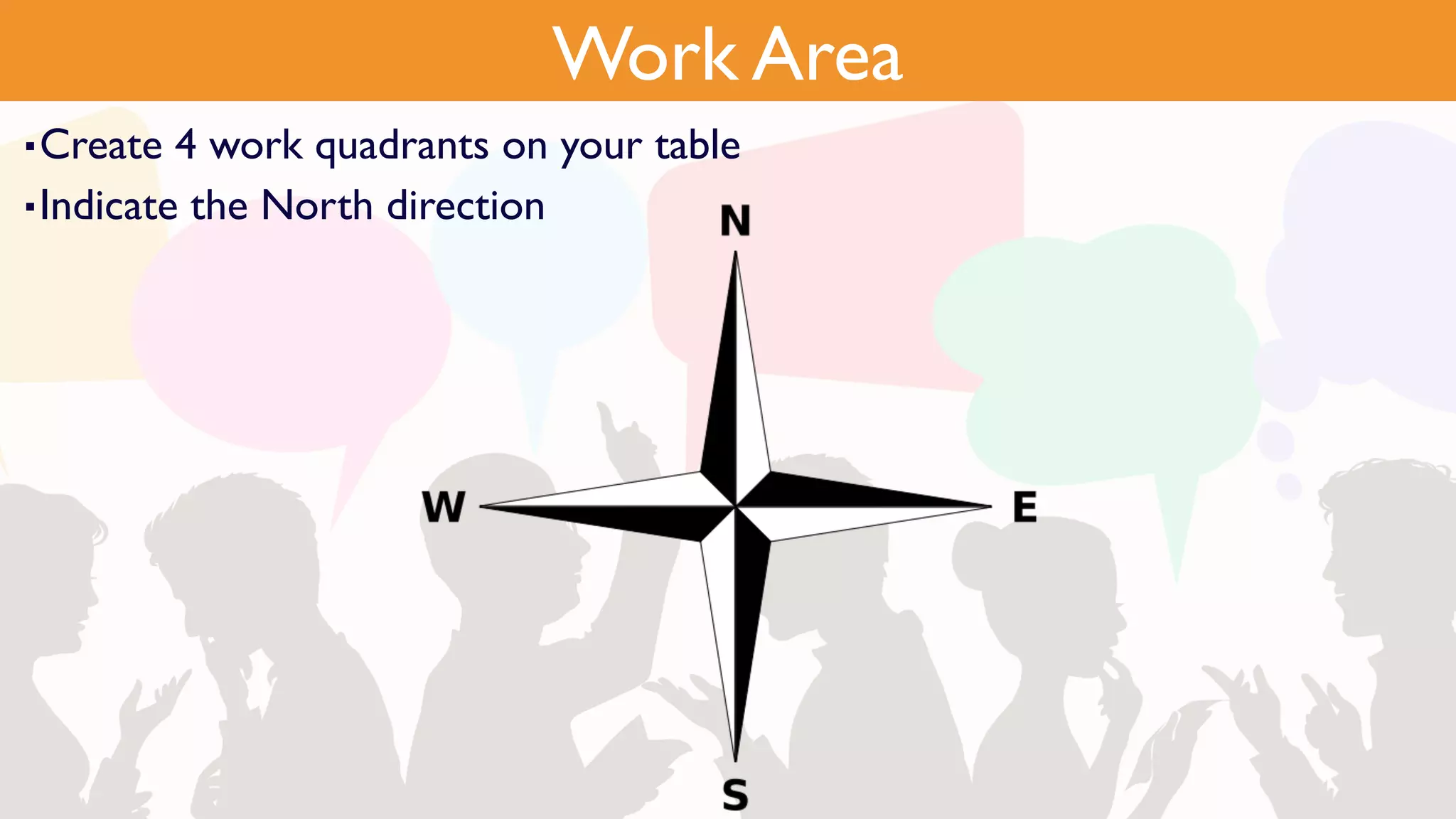 ▪Create 4 work quadrants on your table
▪Indicate the North direction
Work Area
 