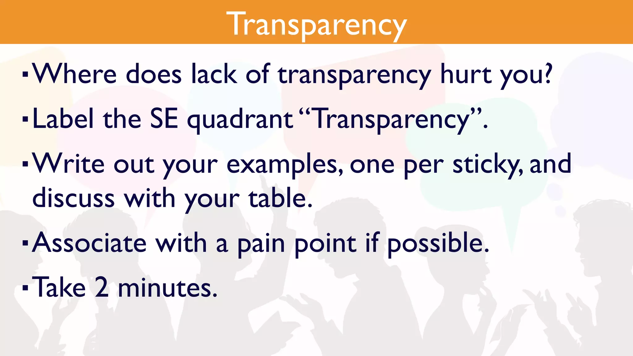Pain Points
▪Where does lack of transparency hurt you?
▪Label the SE quadrant “Transparency”.
▪Write out your examples, one per sticky, and
discuss with your table.
▪Associate with a pain point if possible.
▪Take 2 minutes.
Transparency
 