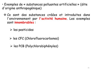 • Exemples de « substances polluantes artificielles » (dite
d'origine anthropogénique)
❖ Ce sont des substances créées et introduites dans
l'environnement par l'activité humaine. Les exemples
sont innombrables :
➢ les pesticides
➢ les PCB (Polychlorobiphényles)
➢ les CFC (Chlorofluorocarbones)
15
 