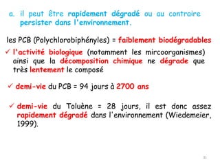 les PCB (Polychlorobiphényles) = faiblement biodégradables
✓ l'activité biologique (notamment les mircoorganismes)
ainsi que la décomposition chimique ne dégrade que
très lentement le composé
✓ demi-vie du PCB = 94 jours à 2700 ans
✓ demi-vie du Toluène = 28 jours, il est donc assez
rapidement dégradé dans l'environnement (Wiedemeier,
1999).
31
a. il peut être rapidement dégradé ou au contraire
persister dans l'environnement.
 